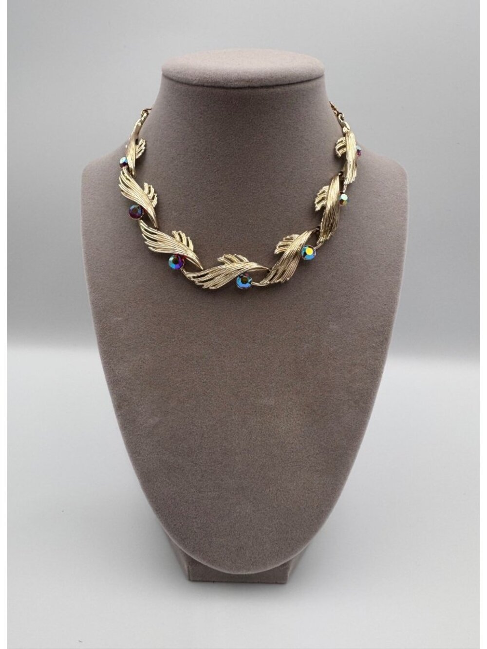 Vintage BSK Gold Tone Feather Leaf Necklace Red AB Rhinestones Signed